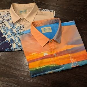 Hawaiian Brand Shirts, Lot Of 2, Sunset and Wave Print Men's Casual Shirt